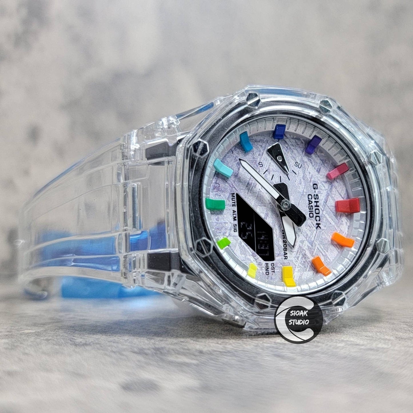Casioak Mod Watch Transparent Case Strap Silver Rainbow Time Mark Meteorite Dial 44mm - Casioak Studio