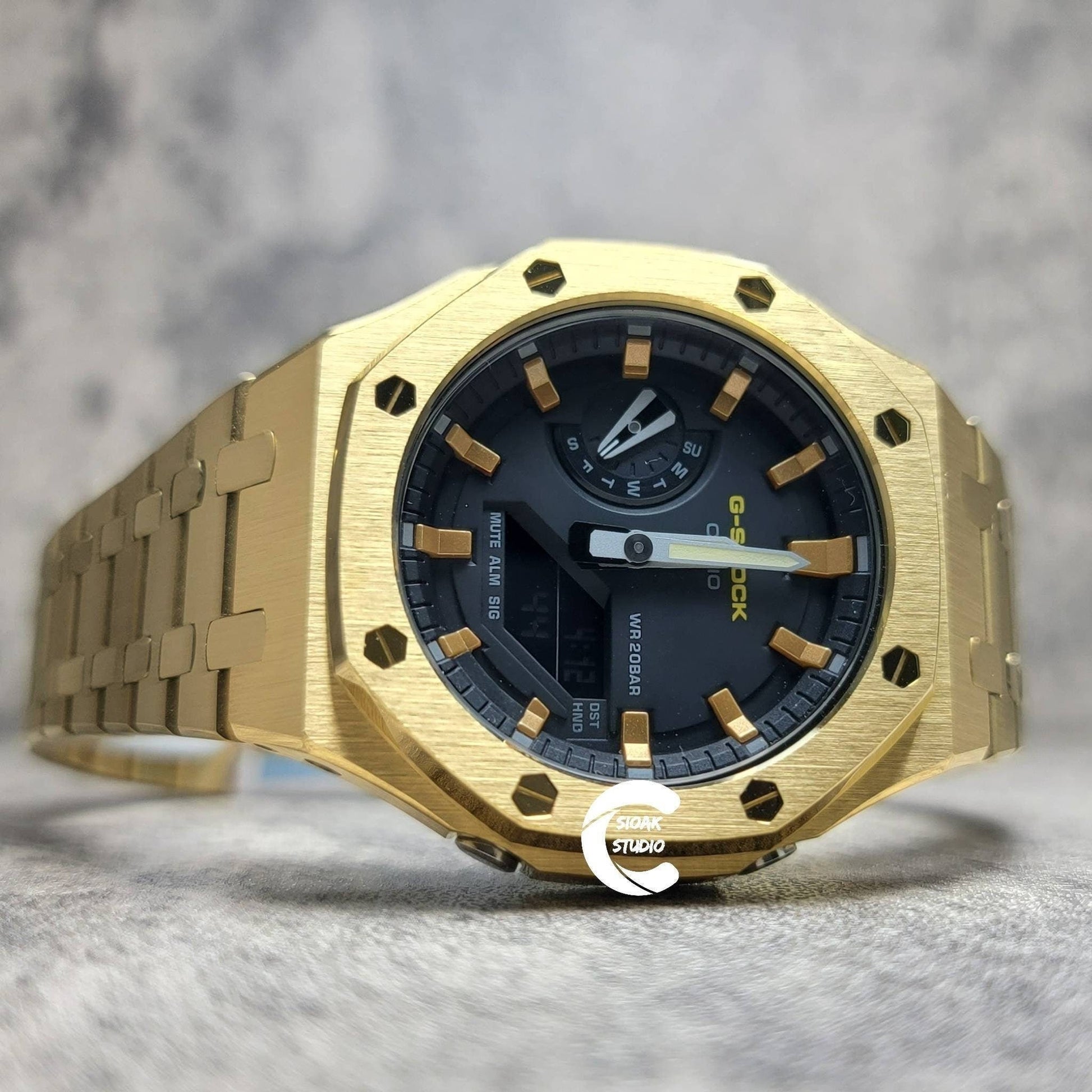 Casioak Mod Watch Gold Case Metal Strap Black Bronze Time Mark Black Dial 44mm - Casioak Studio