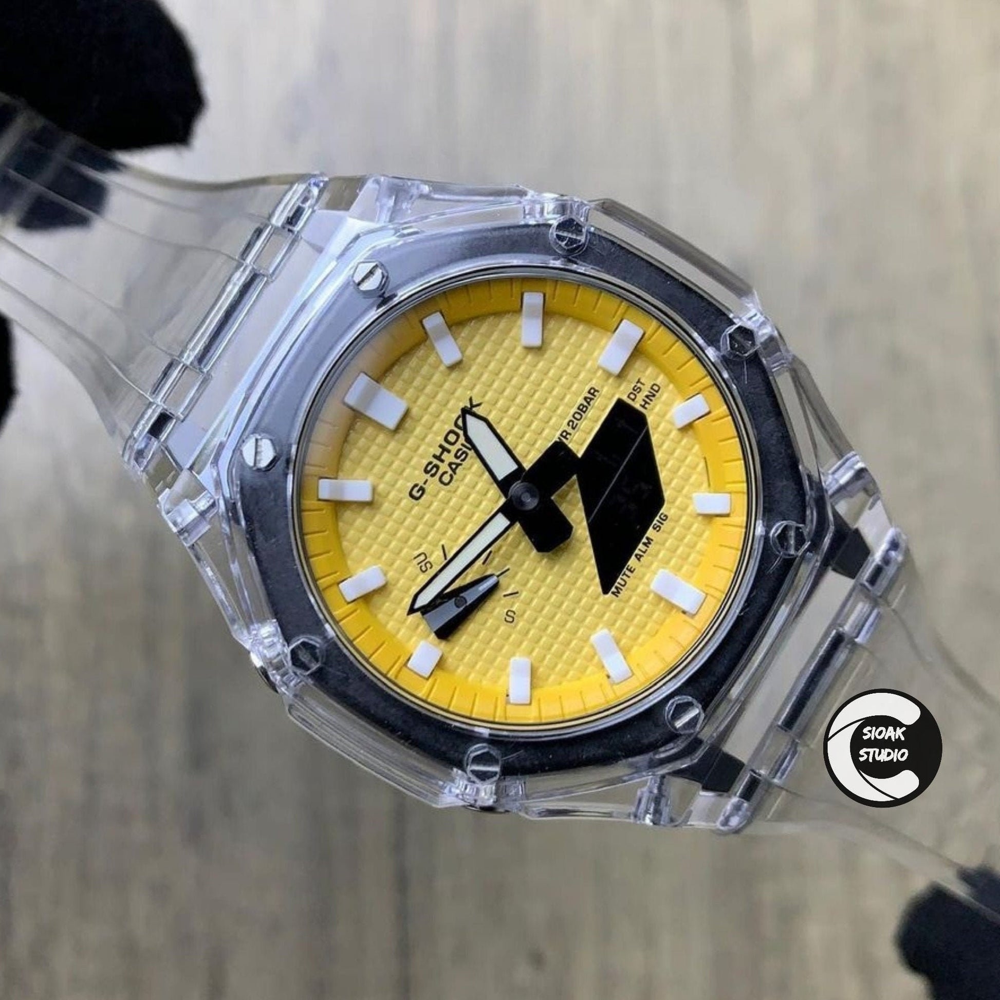 Casioak Mod Watch Transparent Case  Strap Yellow White Time Mark Yellow Dial 44mm - Casioak Studio