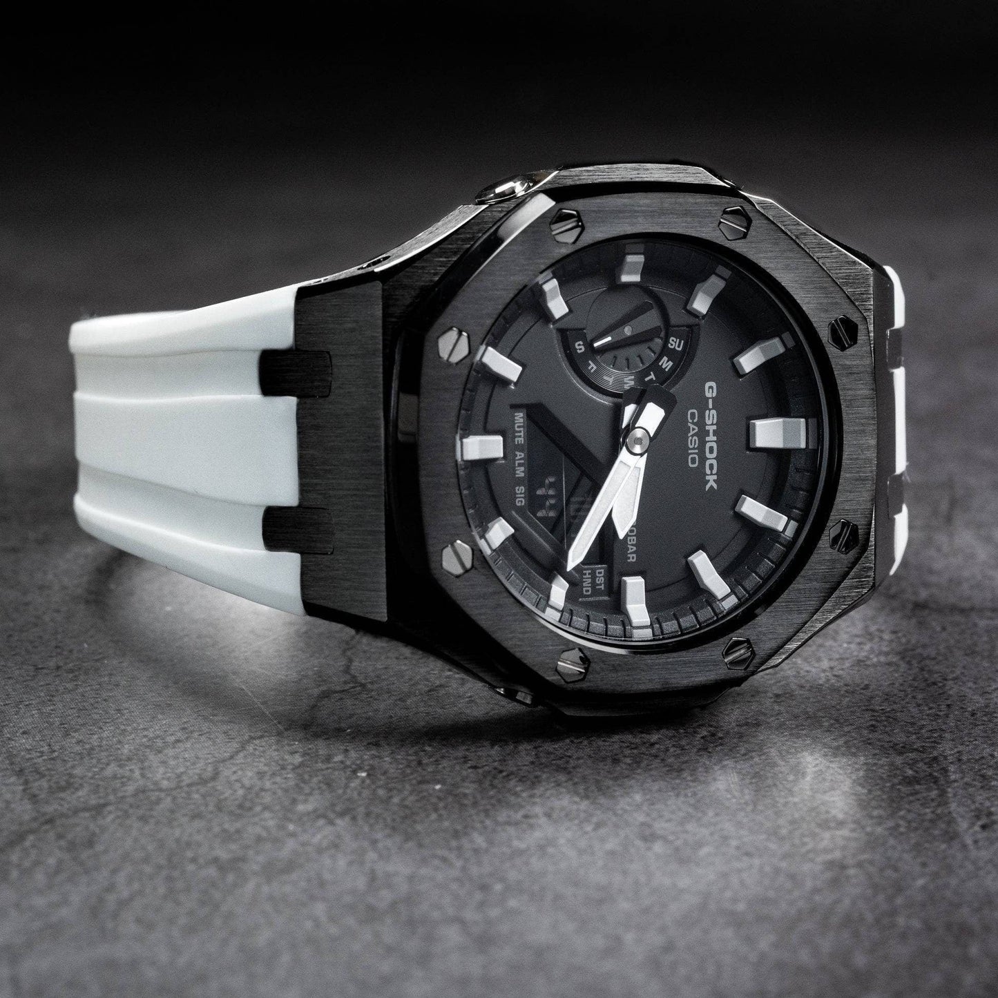 Casioak Mod Watch Black Case White Rubber Strap Black Light Gray Time Mark Black Dial 44mm - Casioak Studio