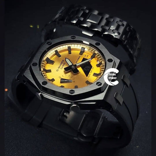 Casioak Mod Watch Offshore Superior Black Case Black Rubber Rubber Strap Gold Time Mark Dial 44mm - Casioak Studio