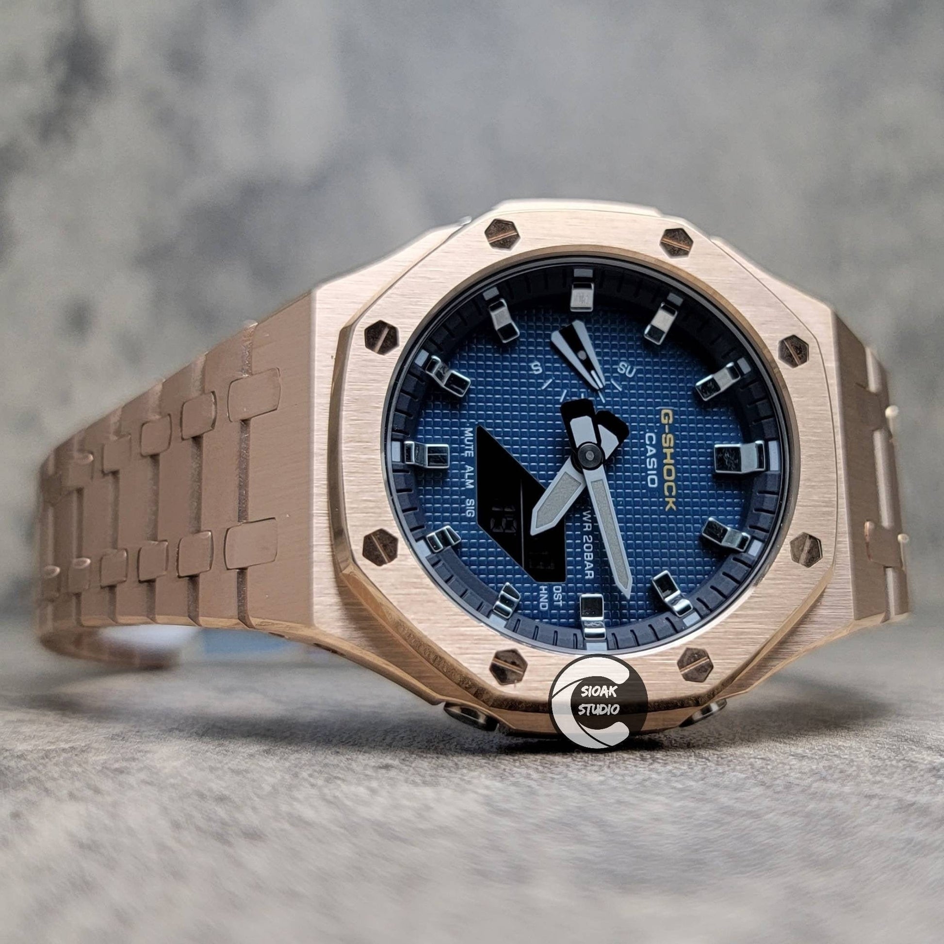 Casioak Mod Watch Rose Gold Case Metal Strap Blue Silver Time Mark Blue Dial 44mm - Casioak Studio