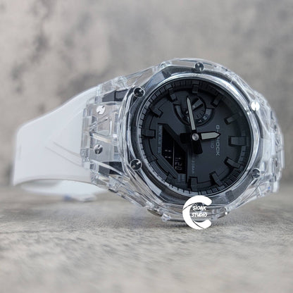 Casioak Mod Watch Transparent Case White Strap Black Time Mark Black Dial 44mm - Casioak Studio