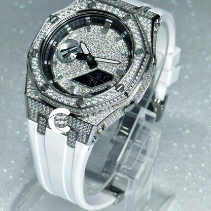 Casioak Mod Watch Diamond Silver Case White Strap Black Silver Time Mark Diamond Dial 44mm - Casioak Studio