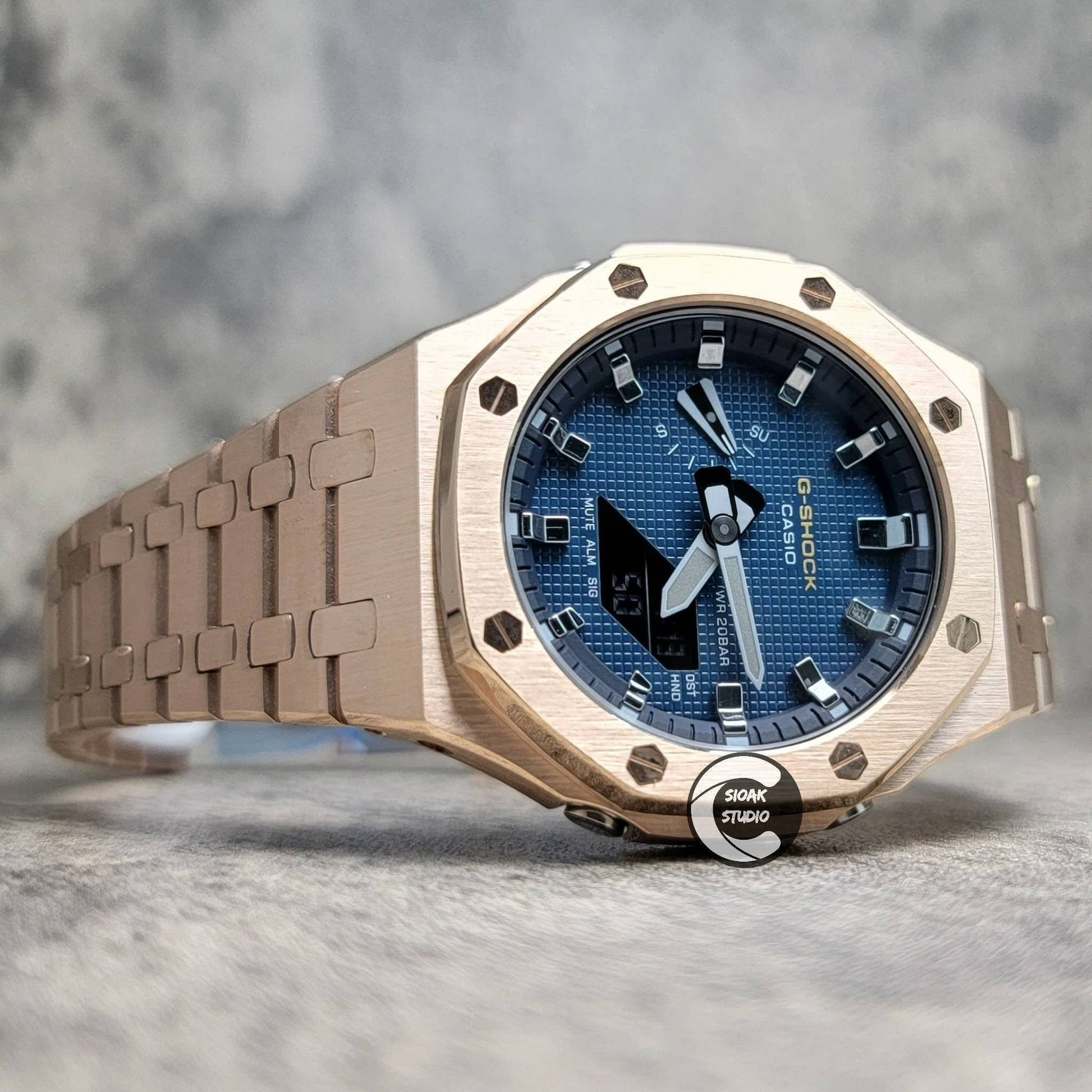 Casioak Mod Watch Rose Gold Case Metal Strap Blue Silver Time Mark Blue Dial 44mm - Casioak Studio