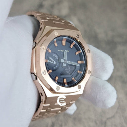 Casioak Mod Watch Rose Gold Case Metal Strap Blue Rose Gold Time Mark Blue Dial 44mm - Casioak Studio