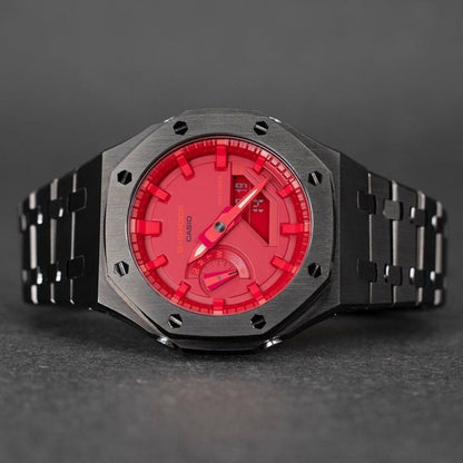 Casioak Mod Watch Gray Case Metal Strap Red Time Mark Red Dial 44mm - Casioak Studio