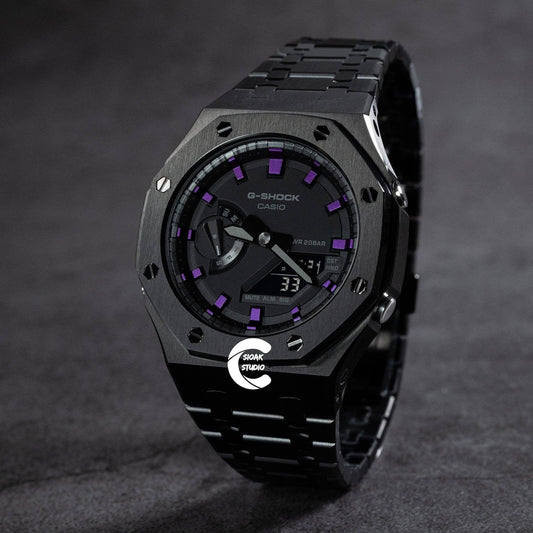 Casioak Mod Watch Black Case Metal Strap Black Purple Time Mark Black Dial 44mm - Casioak Studio