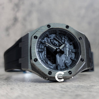 Casioak Mod Watch Gray Case Black Rubber Strap Black Time Mark Camouflage Dial 44mm - Casioak Studio