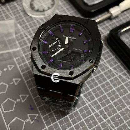 Casioak Mod Watch Black Case Metal Strap Black Purple Time Mark Black Dial 44mm - Casioak Studio