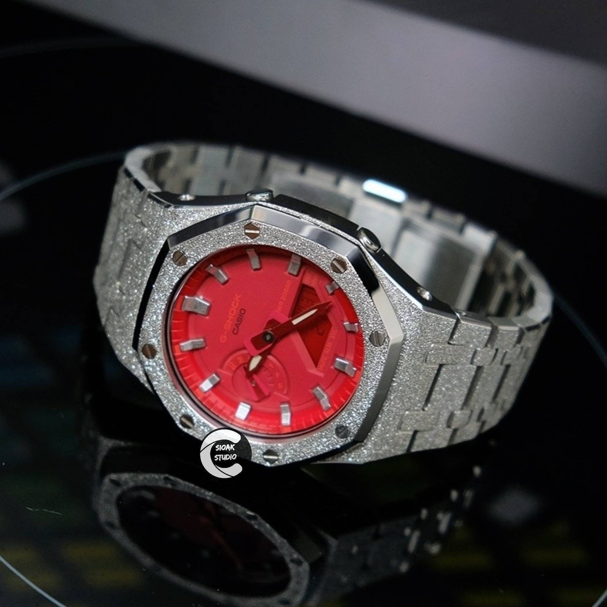 Casioak Mod Watch Frosted Silver Case Metal Strap Red Silver Time Mark Red Dial 44mm - Casioak Studio