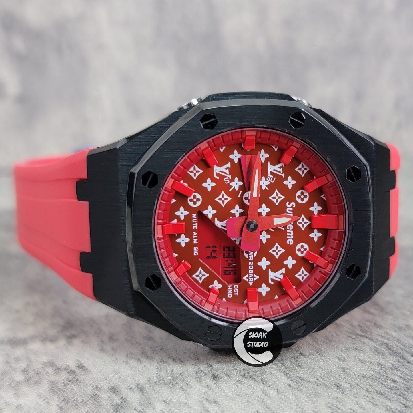 Casioak Mod Watch Black Case Red Rubber Strap Red Time Mark Red Dial 44mm - Casioak Studio