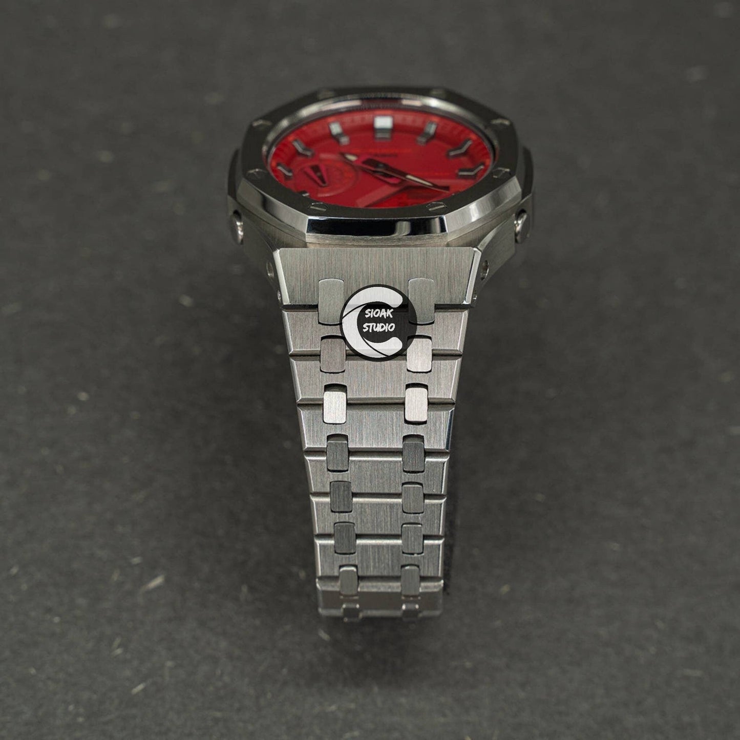 Casioak Mod Watch Silver Case Metal Strap Red Silver Time Mark Red Dial 44mm - Casioak Studio