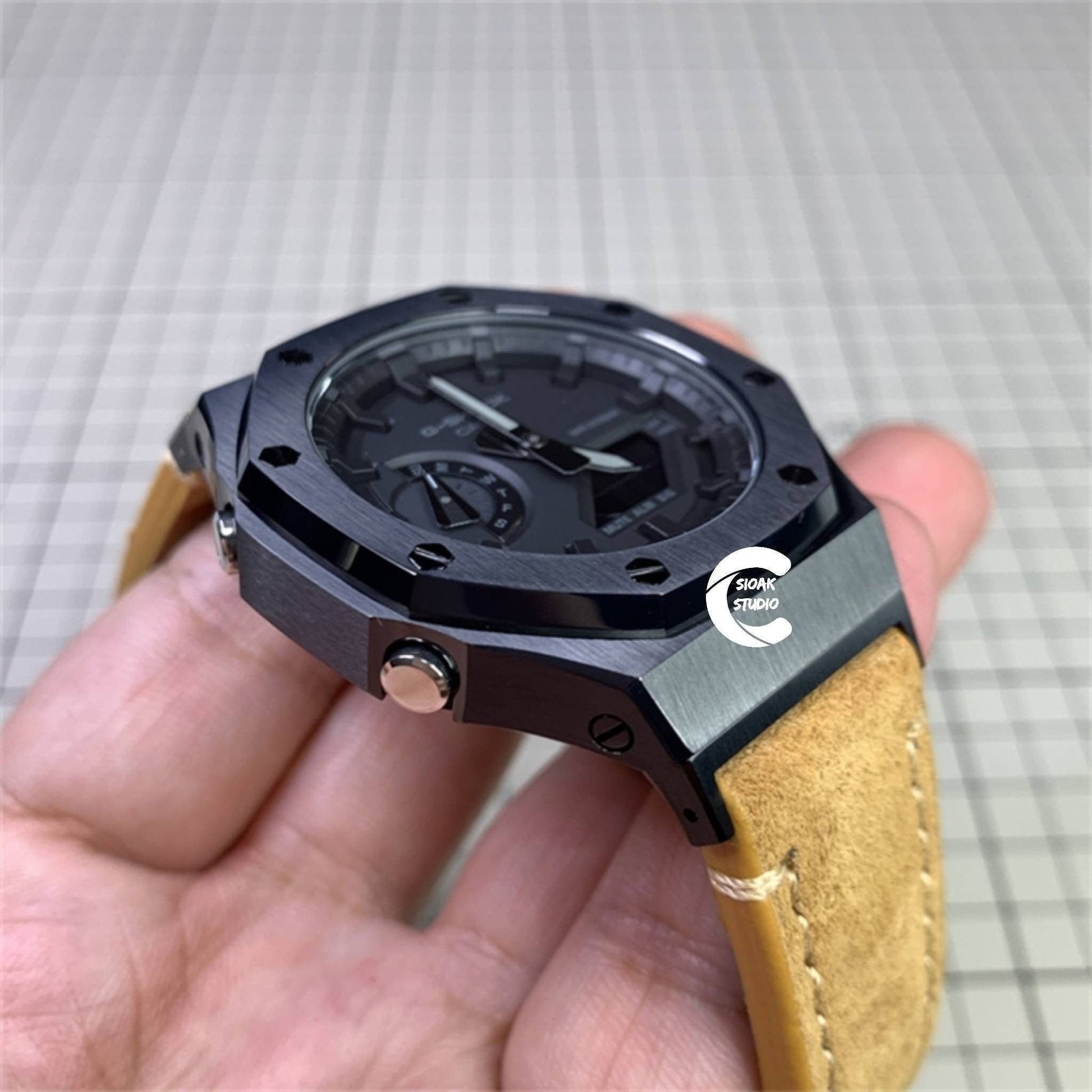 Casioak Mod Watch Black Case Brown Leather Strap Black Time Mark Black Dial 44mm - Casioak Studio