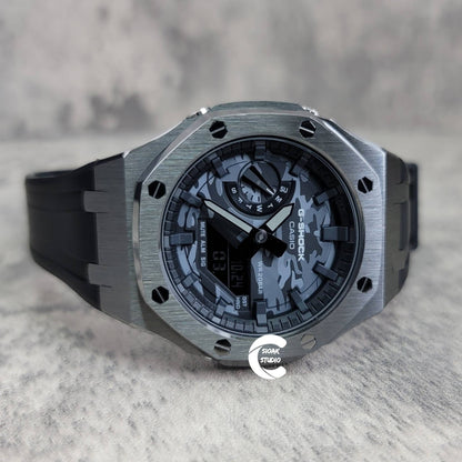 Casioak Mod Watch Gray Case Black Rubber Strap Black Time Mark Camouflage Dial 44mm - Casioak Studio