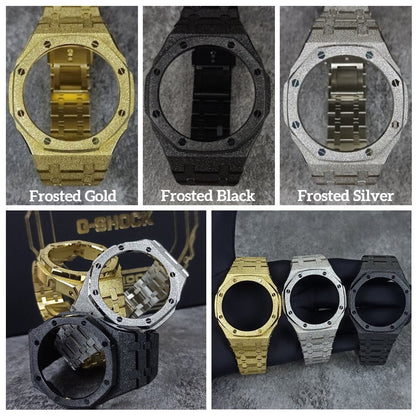 Casioak Mod Watch Frosted Black Case Metal Strap Black Gold Time Mark Yellow Dial 44mm - Casioak Studio