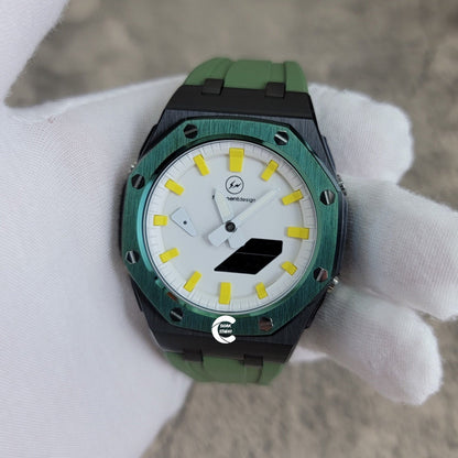 Casioak Mod Watch Offshore Superior Black Case Green Rubber Strap White Yellow Time Mark White Dial 44mm - Casioak Studio