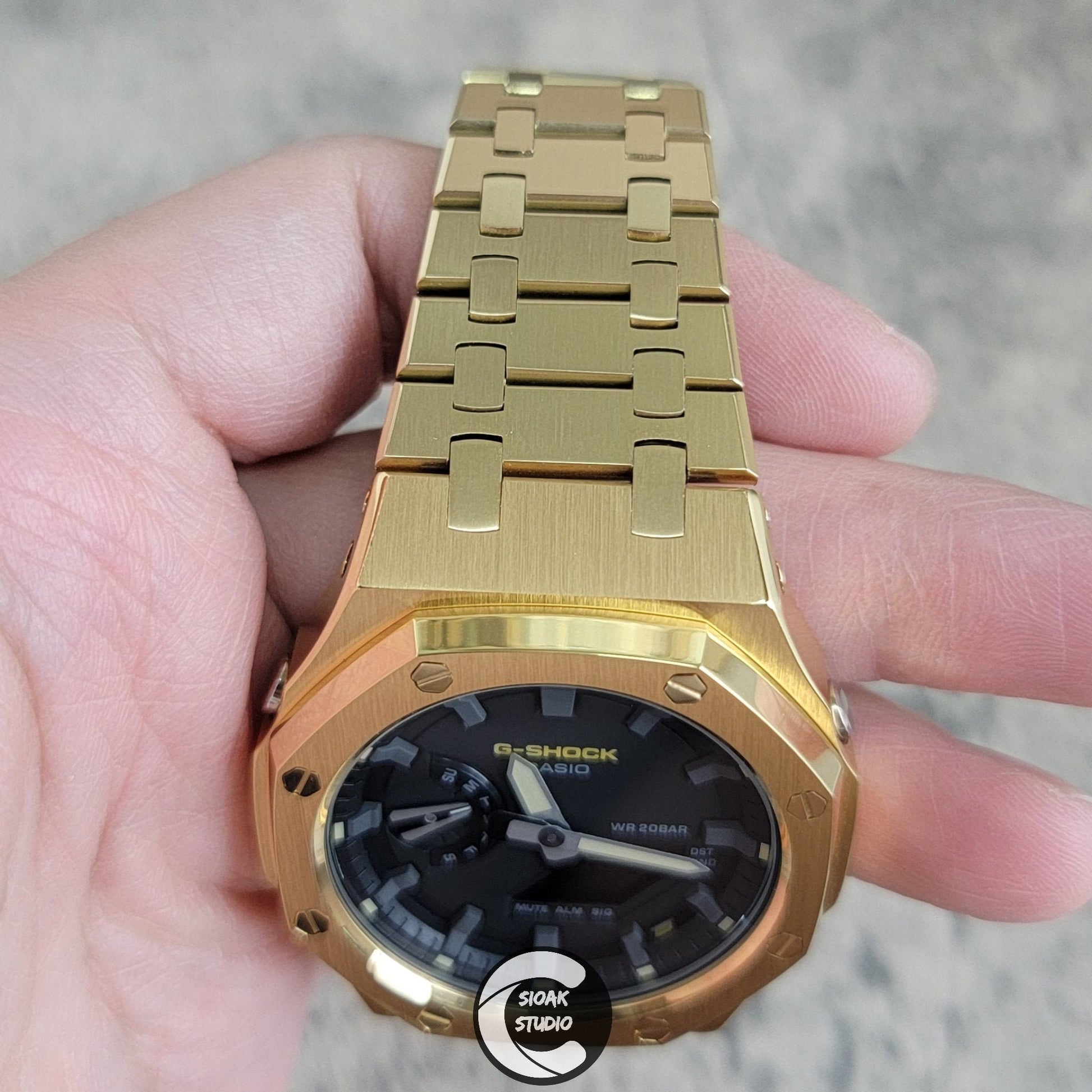 Casioak Mod Watch Gold Case Metal Strap Black Time Mark Black Dial 44mm - Casioak Studio