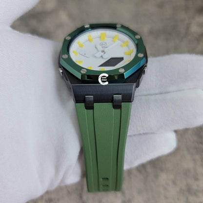 Casioak Mod Watch Offshore Superior Black Case Green Rubber Strap White Yellow Time Mark White Dial 44mm - Casioak Studio