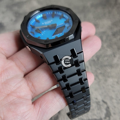 Casioak Mod Watch Polished Black Case Metal Strap Blue Black Time Mark Blue Metallic Dial 44mm - Casioak Studio