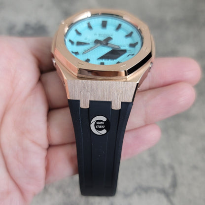 Casioak Mod Watch Rose Gold Case Black Rubber Strap Tiffany Time Mark Tiffany Blue Dial 44mm - Casioak Studio