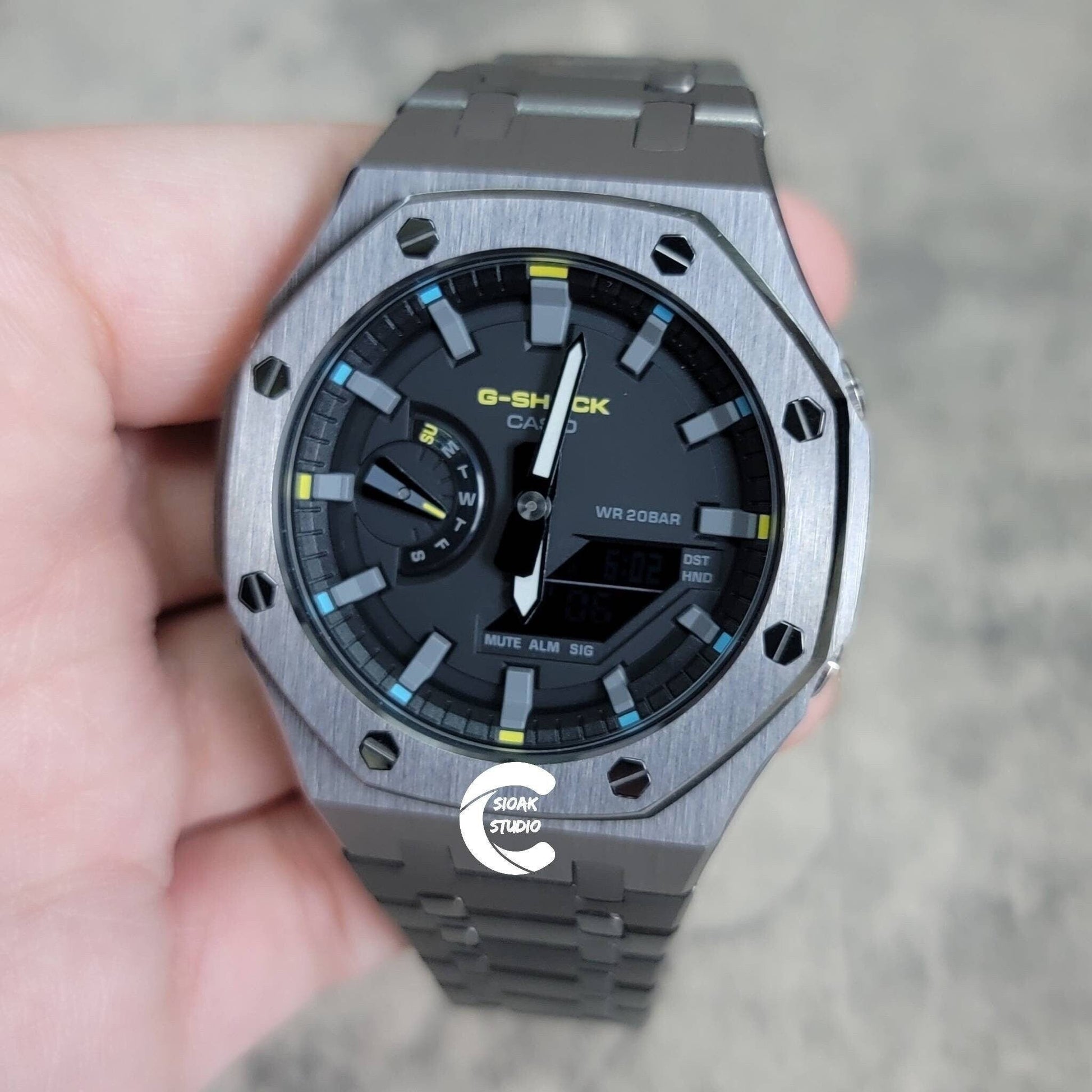 Casioak Mod Watch Gray Case Metal Strap Black Gray Time Mark Black Dial 44mm - Casioak Studio