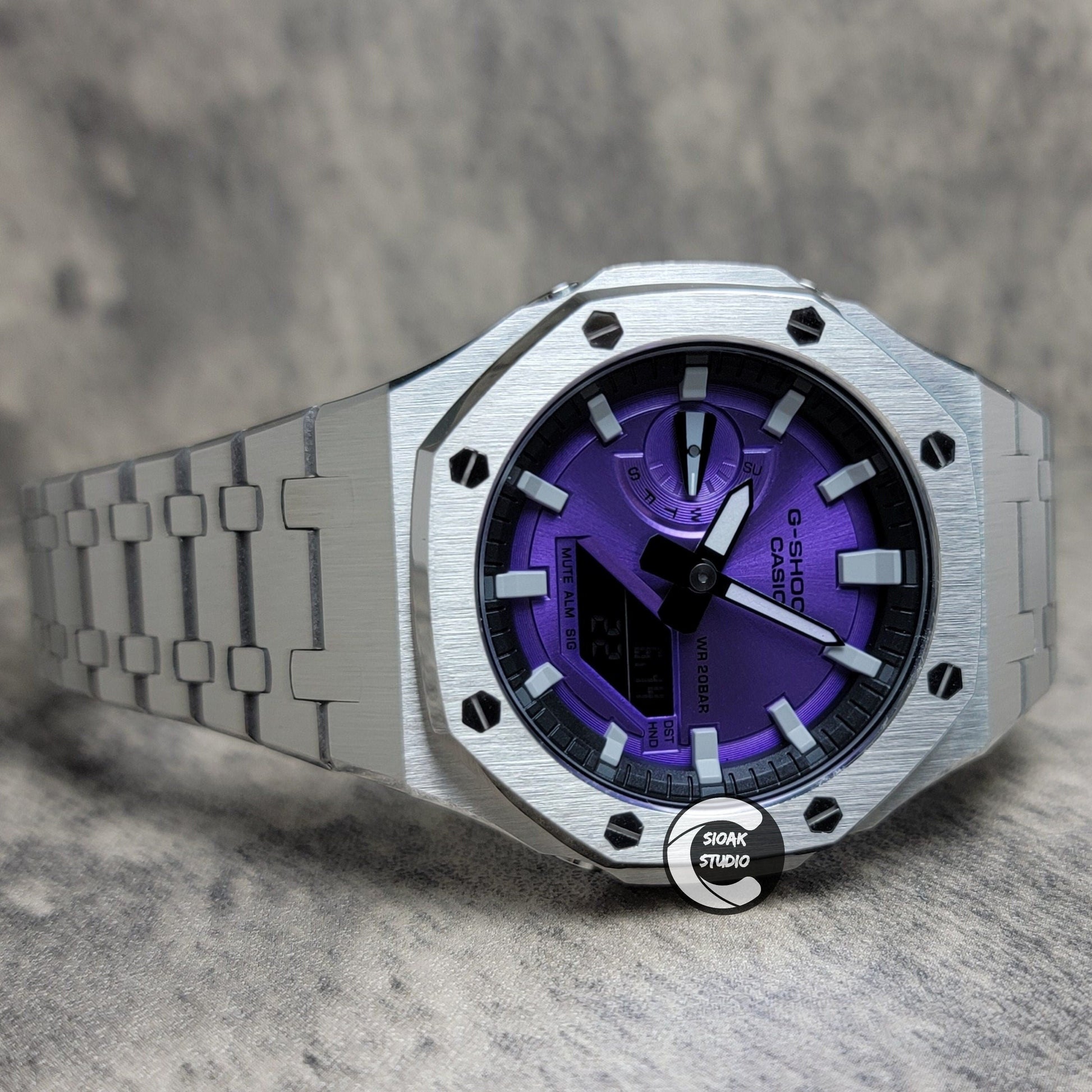 Casioak Mod Watch Silver Case Metal Strap Black Light Grey Time Mark Purple Dial 44mm - Casioak Studio