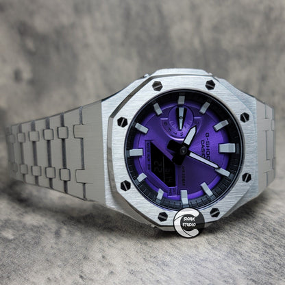 Casioak Mod Watch Silver Case Metal Strap Black Light Grey Time Mark Purple Dial 44mm - Casioak Studio