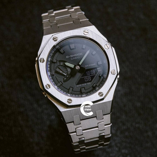 Casioak Mod Watch Silver Case Metal Strap Black Time Mark Black Dial 44mm - Casioak Studio