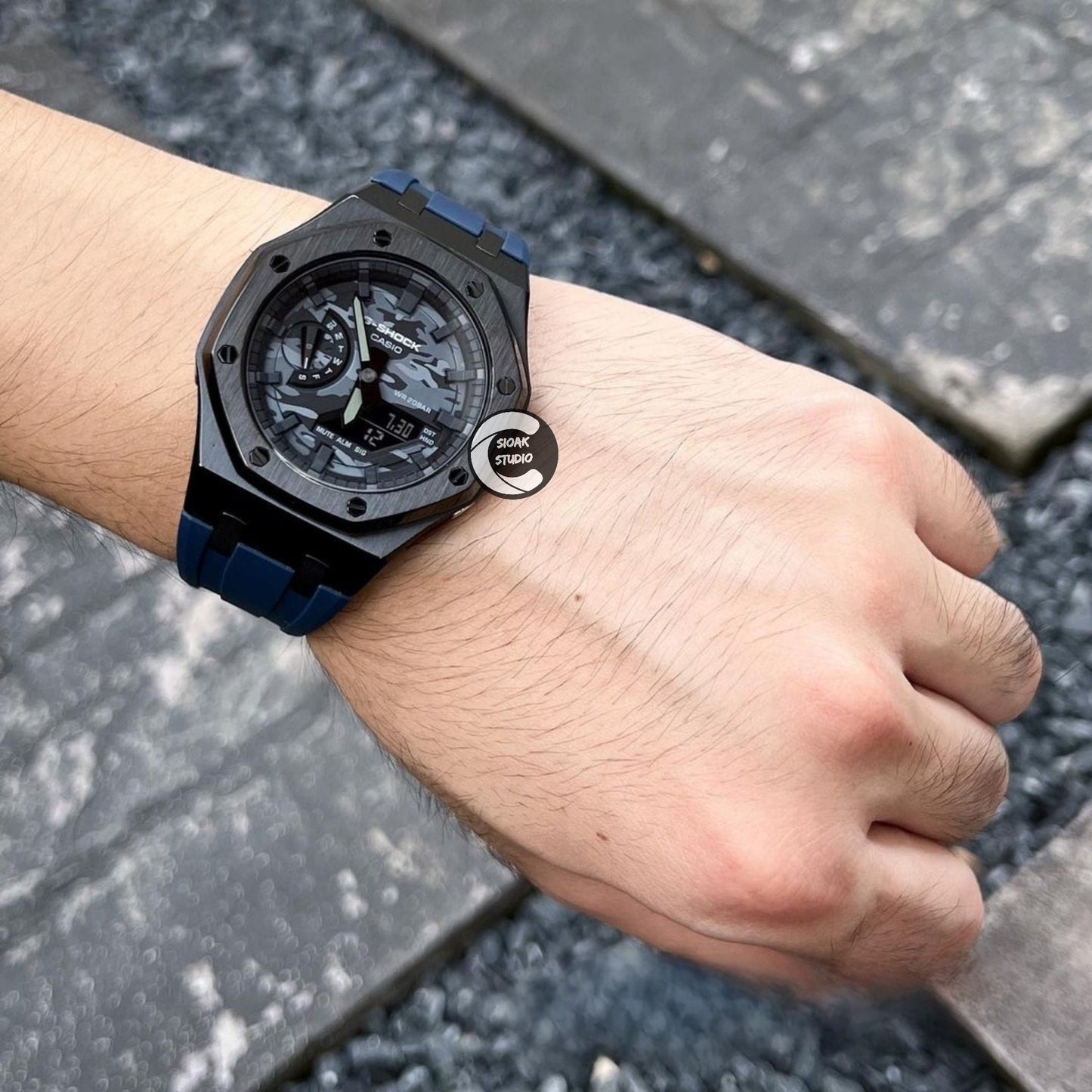 Casioak Mod Watch Black Case Blue Rubber Strap Black Time Mark Camouflage Dial 44mm - Casioak Studio