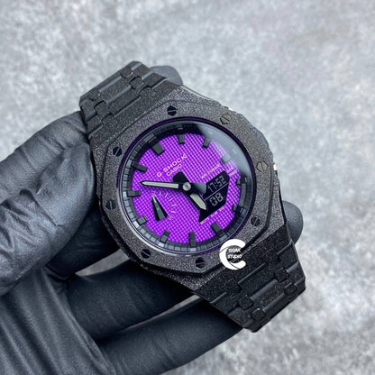 Casioak Mod Watch Frosted Black Case Metal Strap Black Time Mark Purple Dial 44mm - Casioak Studio