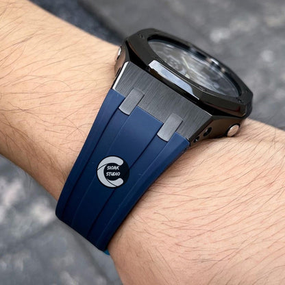 Casioak Mod Watch Black Case Blue Rubber Strap Black Time Mark Camouflage Dial 44mm - Casioak Studio