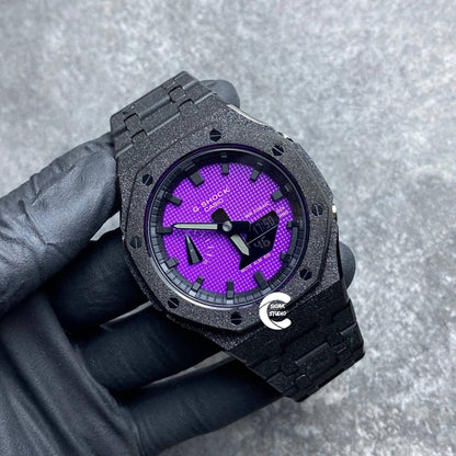 Casioak Mod Watch Frosted Black Case Metal Strap Black Time Mark Purple Dial 44mm - Casioak Studio