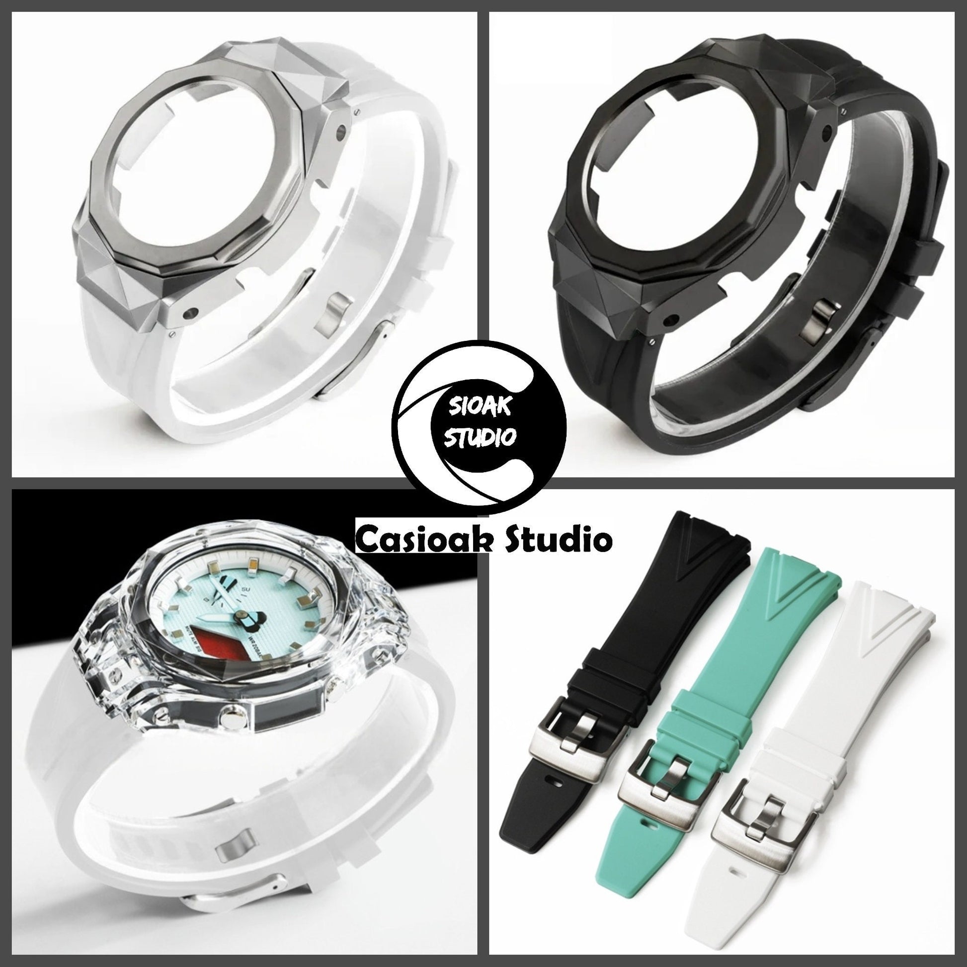 Casioak Mod Watch Hb Transparent Case White Strap Silver Time Mark Bling Dial 44mm      Him - Casioak Studio