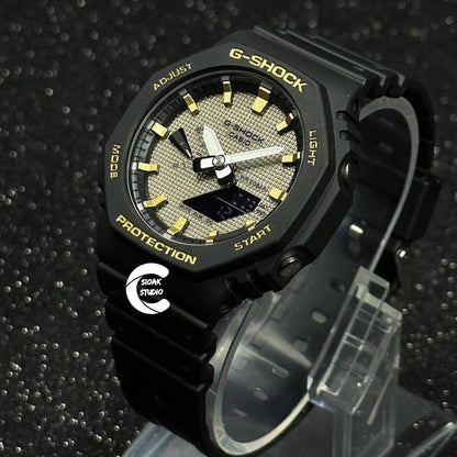 Casioak Mod Watch Black Plastic Case Black Strap Black Gold Time Mark Gray Dial 44mm - Casioak Studio