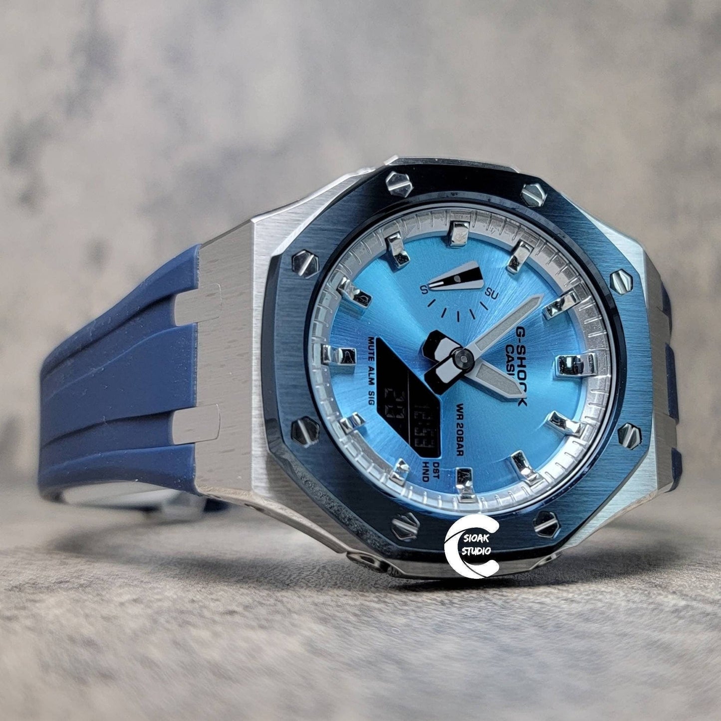 Casioak Mod Watch Blue Silver Case Blue Rubber Strap Silver Time Mark Ice  Blue Dial 44mm - Casioak Studio