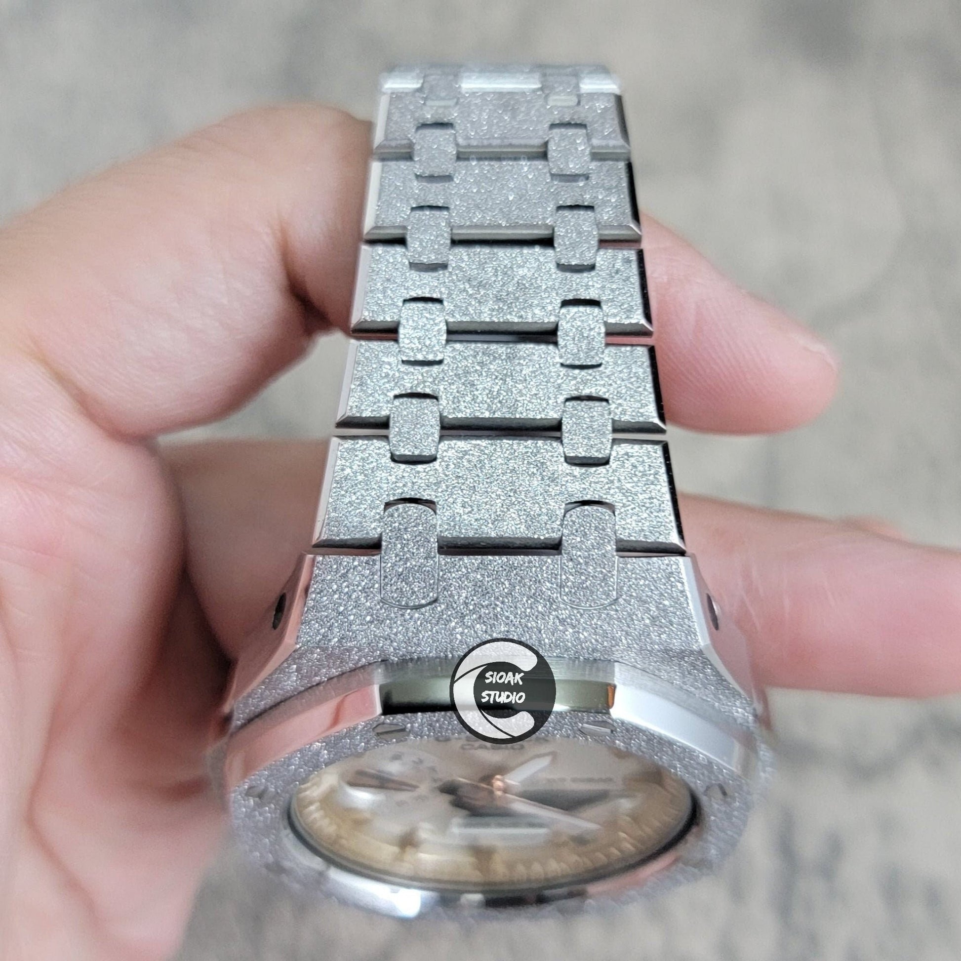 Casioak Mod Watch Frosted Silver Case Metal Strap Rise Gold Time Mark Silver Dial 44mm - Casioak Studio