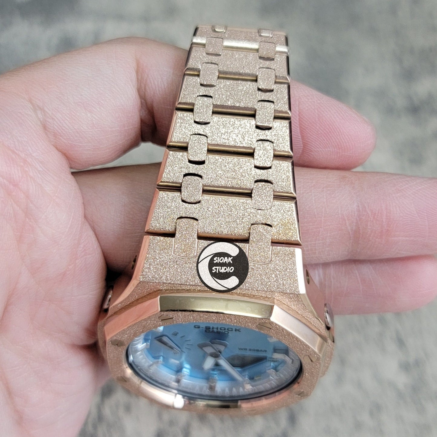 Casioak Mod Watch Frosted Rosegold Case Metal Strap Silver Time Mark Metallic Blue  Dial 44mm    Gift - Casioak Studio