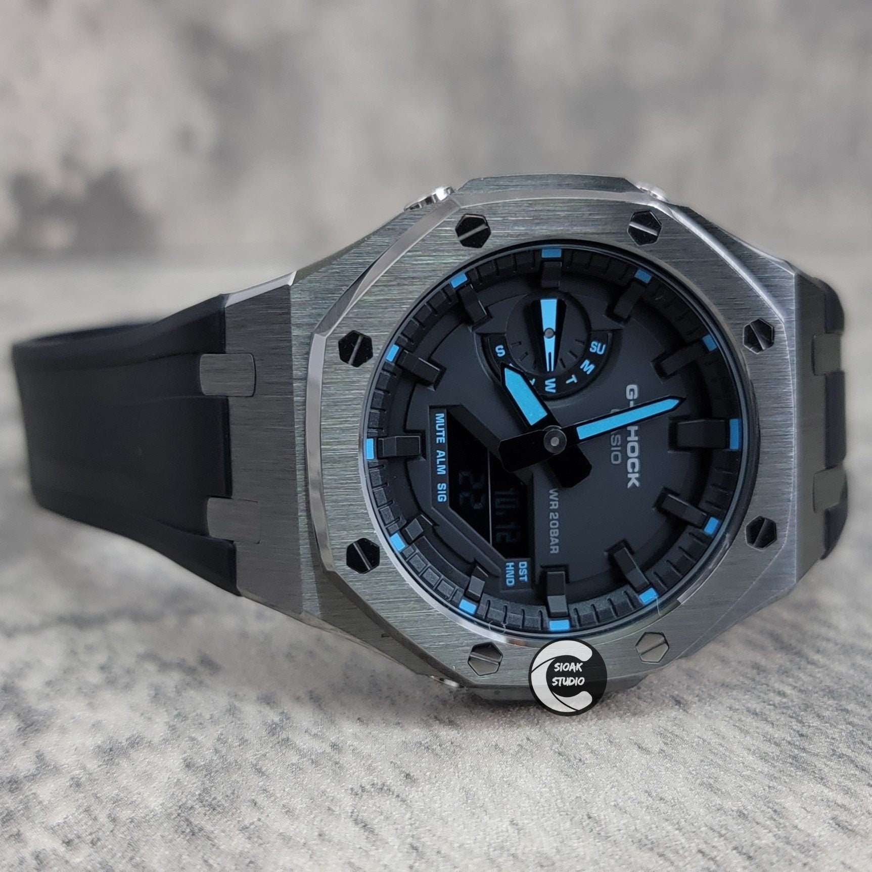 Casioak Mod Watch Gray Case Black Rubber Strap Black Time Mark Black Dial 44mm Blue - Casioak Studio