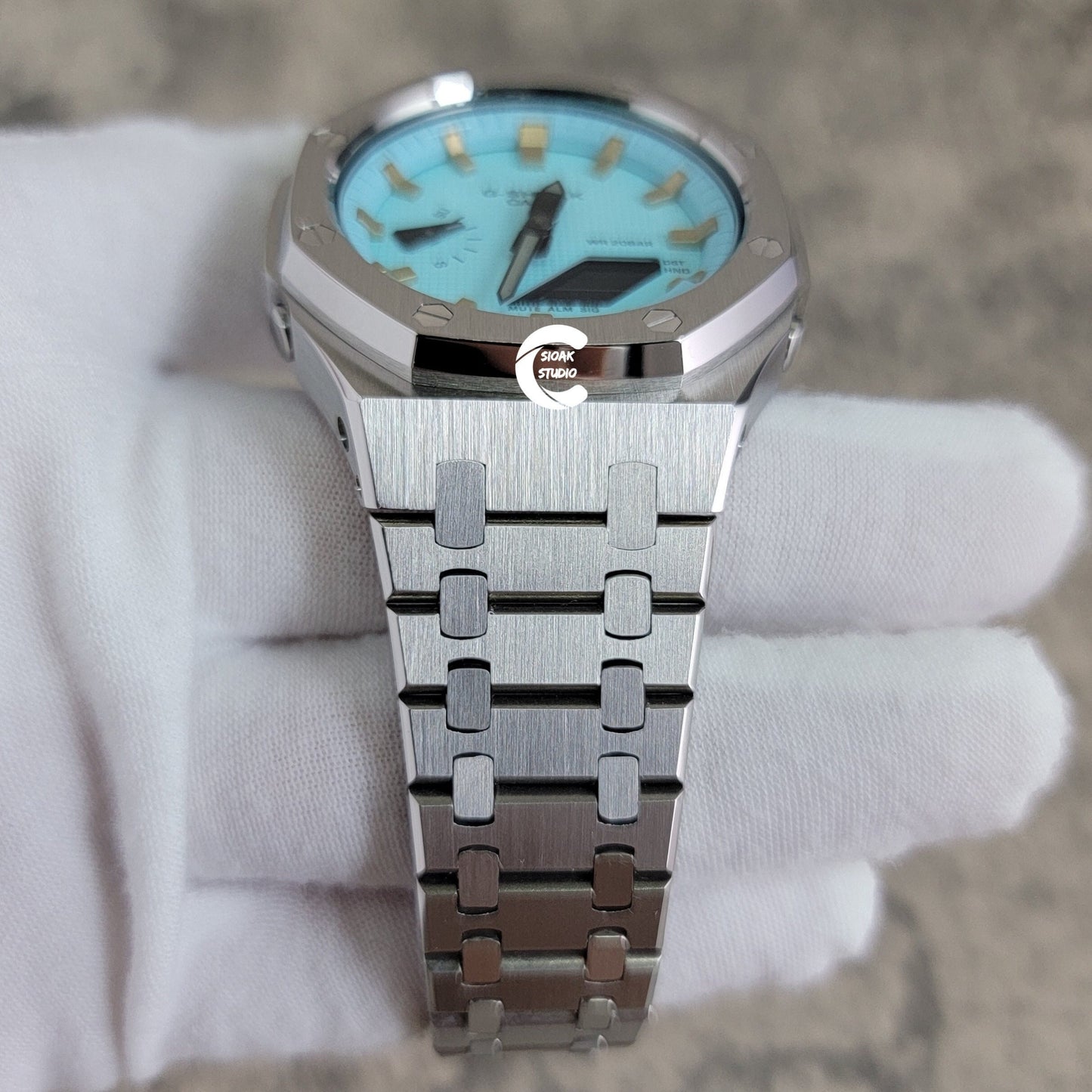 Casioak Mod Watch Silver Case Metal Strap Tiffany Gold Time Mark Tiffany Blue Dial 44mm - Casioak Studio