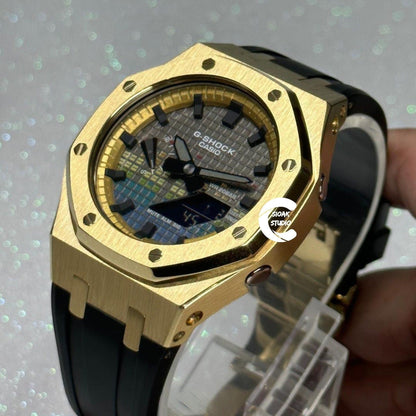 Casioak Mod Watch Gold Case Black Rubber Strap Gold Black Time Mark Music Dial 44mm - Casioak Studio