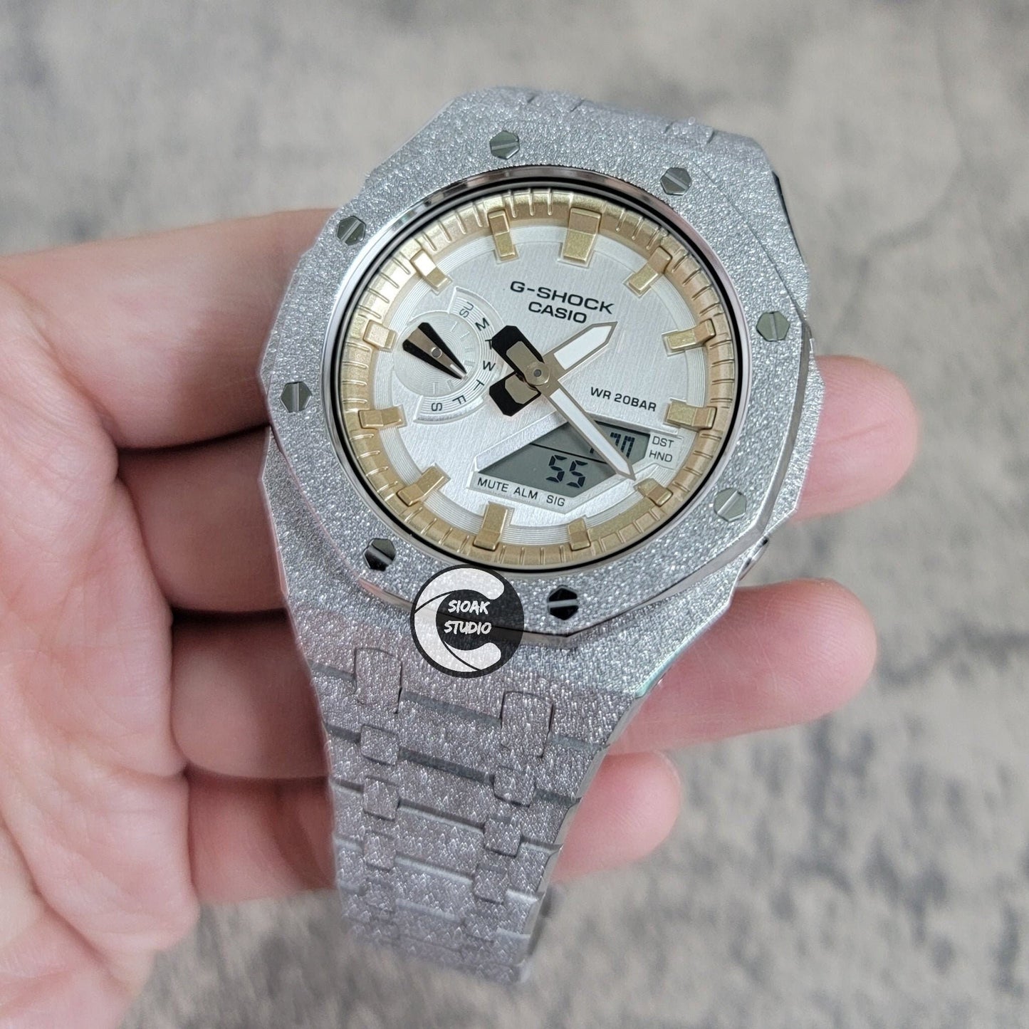 Casioak Mod Watch Frosted Silver Case Metal Strap Rise Gold Time Mark Silver Dial 44mm - Casioak Studio