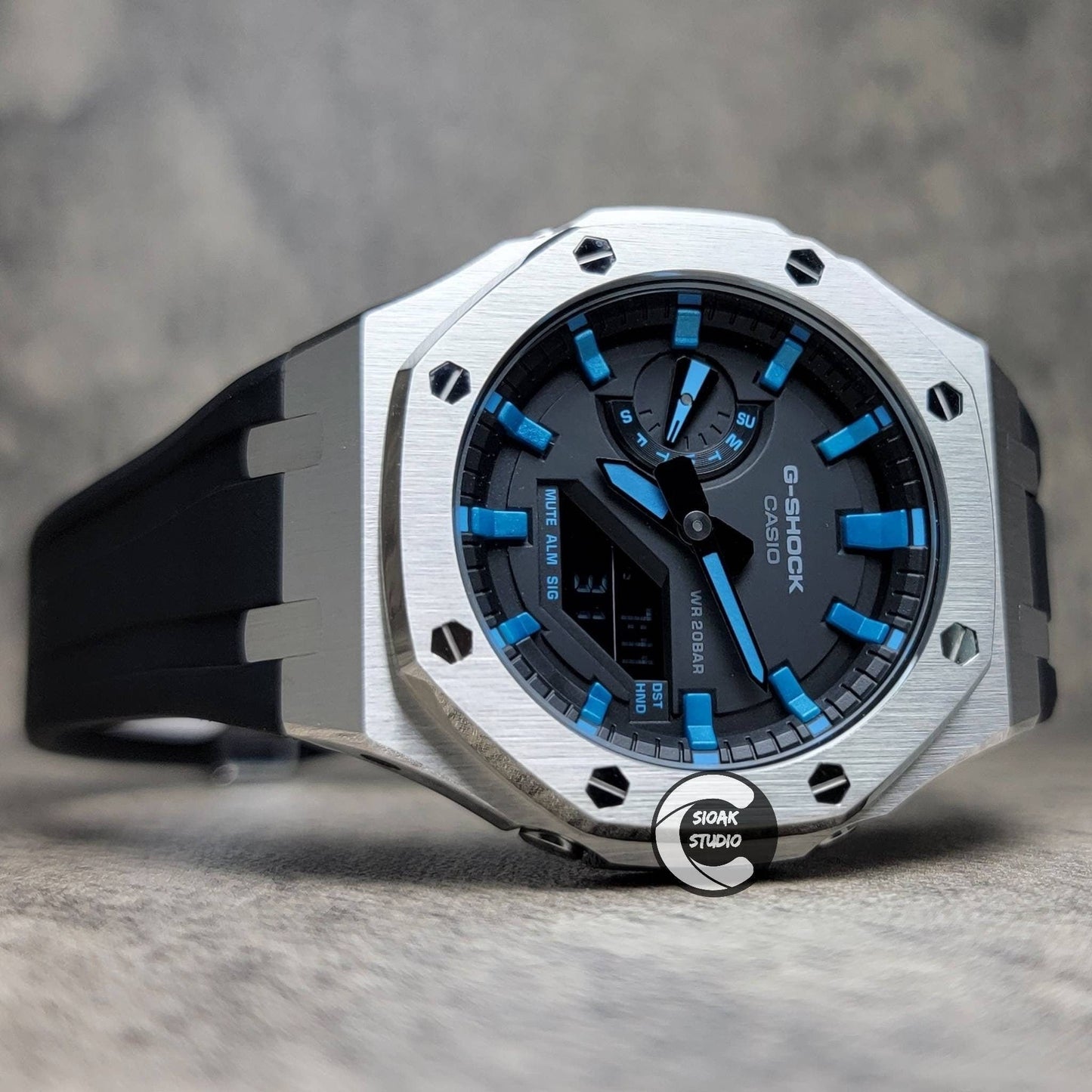 Casioak Mod Watch Silver Case Black Rubber Strap Black  LIght Blue Time Mark Black Dial 44mm - Casioak Studio