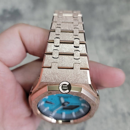 Casioak Mod Watch Frosted Rose Gold Case Metal Strap Light Gray White Time Mark Tiffany Blue Dial 44mm - Casioak Studio