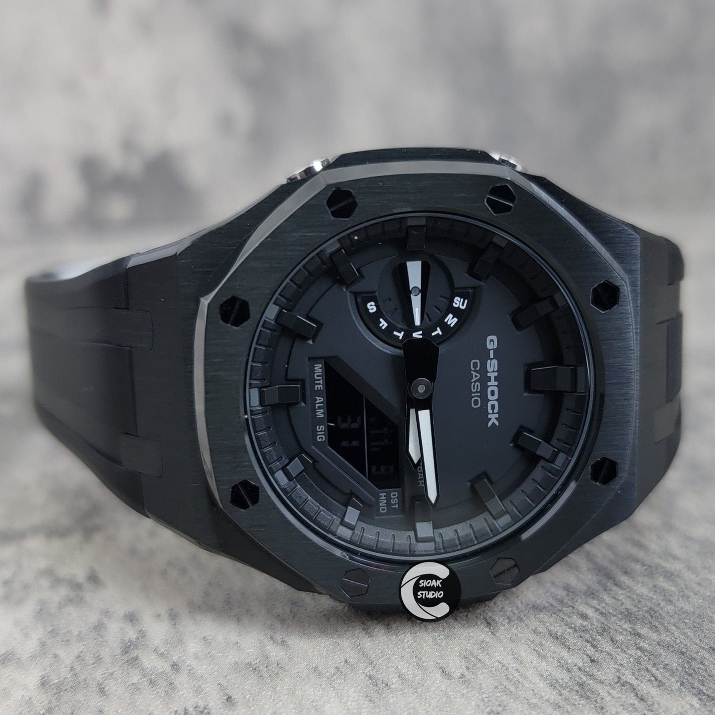 Casioak Mod Watch Black Case Black Rubber Strap Black Time Mark Black Dial 44mm - Casioak Studio