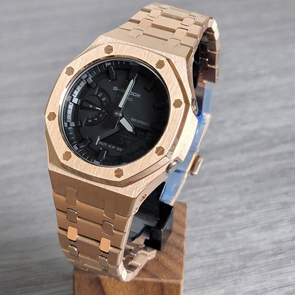 Casioak Mod Watch Rose Gold Case Metal Strap Black Time Mark Black Dial 44mm - Casioak Studio