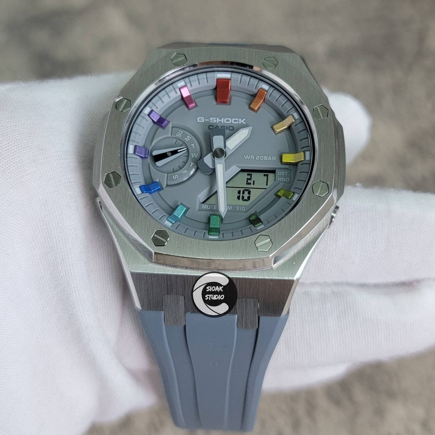 Casioak Mod Watch Silver Case Gray Rubber Strap Gray  Rainbow Time Mark Gray Dial 44mm - Casioak Studio