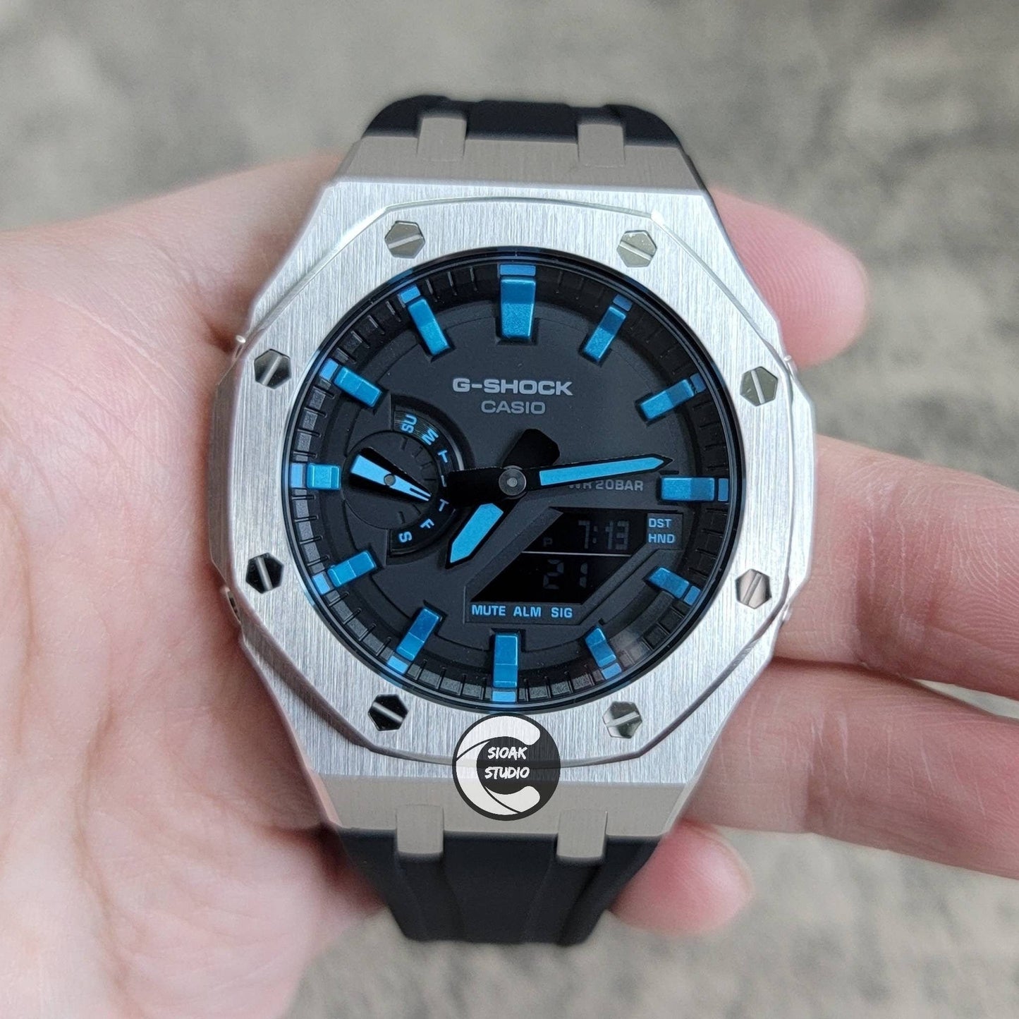 Casioak Mod Watch Silver Case Black Rubber Strap Black  LIght Blue Time Mark Black Dial 44mm - Casioak Studio