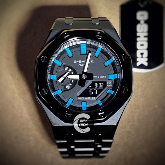 Casioak Mod Watch Polished Black Case Metal Strap Black Blue Time Mark Black Dial 44mm - Casioak Studio