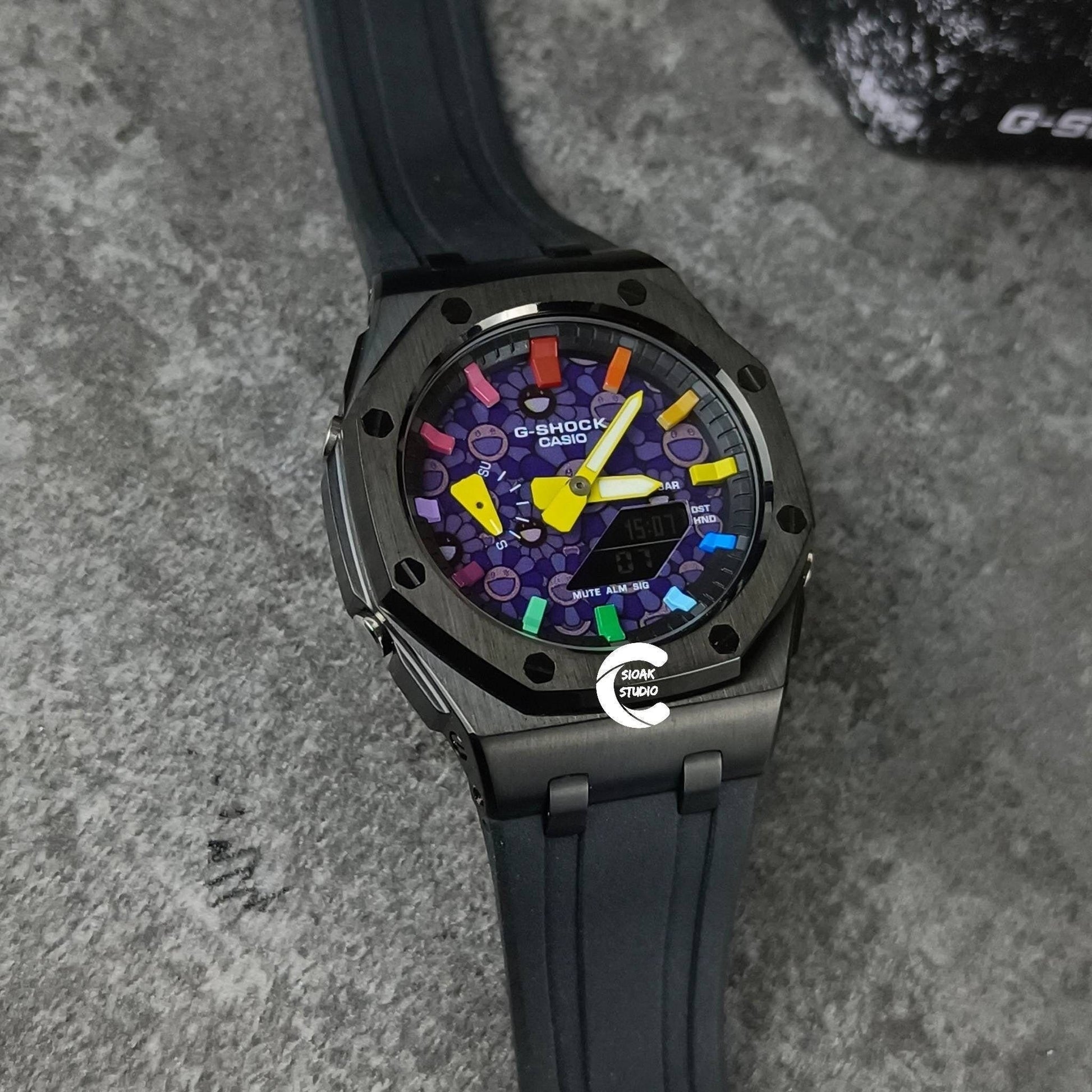 Casioak Mod Watch Offshore Superior Black Case Black Rubber Strap Black Rainbow Time Mark Takashi Murakami Dial 44mm - Casioak Studio